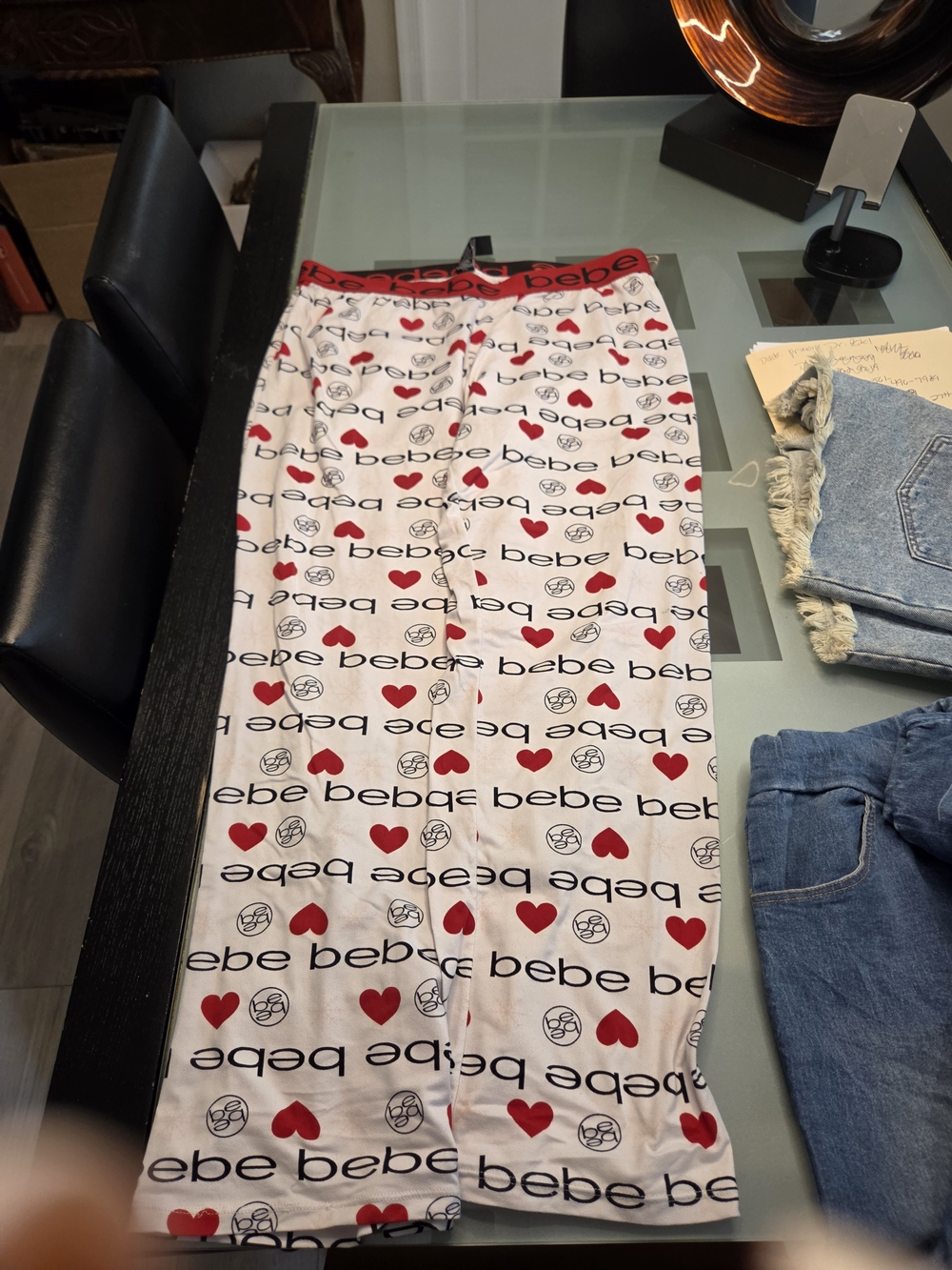 bebe White Lounge Pants with Red Heart & Logo Print